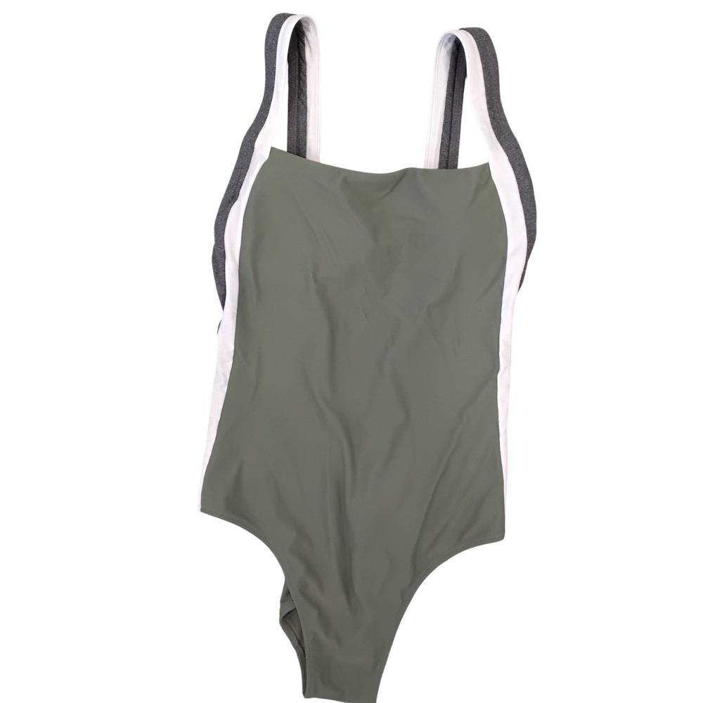 Aerie Womens Olive Green Colorblock One Piece Swimsuit Size Medium Sporty Grey